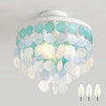 13.8" Natural Capiz Shell Chandelier 3 Light Mini Chandelier Boho Ceiling Light Entryway Light Fixture for Girls' Bedroom Hallway Living Room Dinning Room Brushed White Bulb Included - color: Ocean Blue, size: 13.8 inch