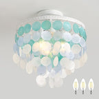 13.8" Natural Capiz Shell Chandelier 3 Light Mini Chandelier Boho Ceiling Light Entryway Light Fixture for Girls' Bedroom Hallway Living Room Dinning Room Brushed White Bulb Included - color: Ocean Blue, size: 13.8 inch