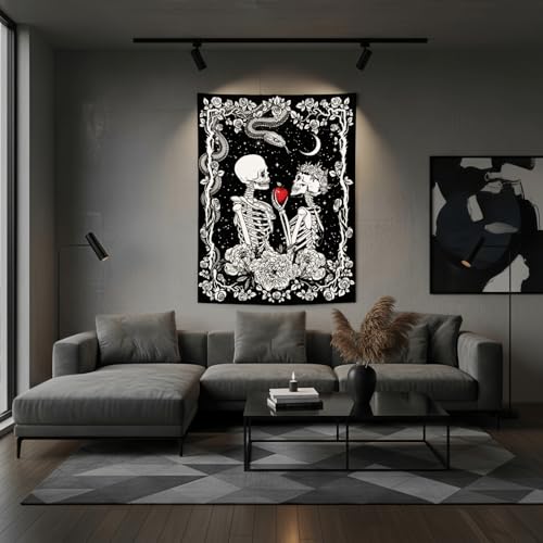 Accnicc Skeleton Lovers Tapestry Gothic Skull Vertical Tapestries Wall Hanging Black and White Floral Plant Snake Horror Small Tapestry for Bedroom Living Room Dorm 48 x 36 inch - color: Black, size: 48"L x 36"W