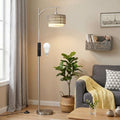 Ambimall Arc Floor Lamp for Living Room with Remote, Color Temperature & Brightness Adjustable, Boho Standing Lamp with Rattan & Fabric Double Drum Shades, Bulb Included(Deep Gray) - color: Deep Gray Rustic