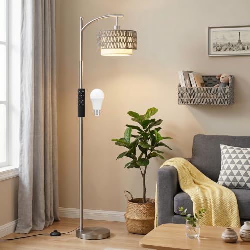 Ambimall Arc Floor Lamp for Living Room with Remote, Color Temperature & Brightness Adjustable, Boho Standing Lamp with Rattan & Fabric Double Drum Shades, Bulb Included(Deep Gray) - color: Deep Gray Rustic