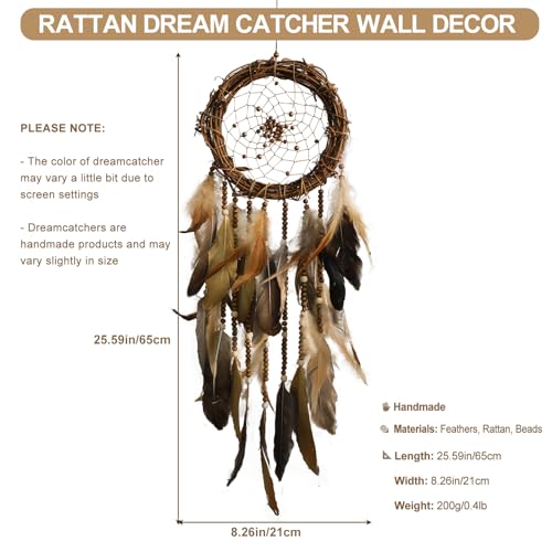 Dream Catcher Native American Boho Dreamcatcher Rattan Wall Decor, Handmade Natural Goose Feathers Brown Golden Beaded Hanging Ornament Indian Decor for Bedroom Living Room (Dark Brown) - color: Dark Brown