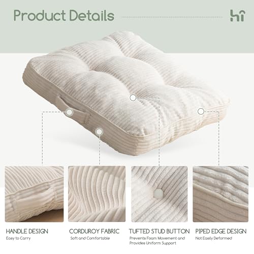 HIGOGOGO Floor Pillow Cushion for Adults, Meditation Cushion Pillow, Large Square Floor Sitting, Tufted Corduroy Cover, for Tatami Living Room or Yoga, 22x22 Inch, 2Pack, Beige - color: Square Beige, size: 4" Thick(Pack of 2)