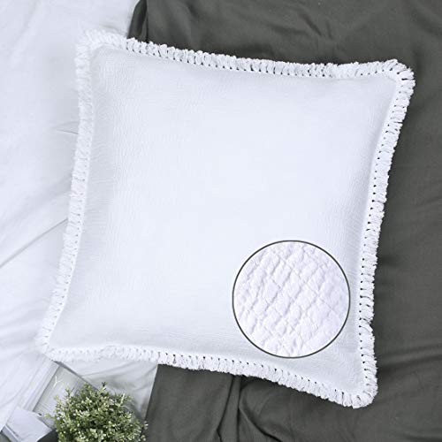 YINFUNG Quilted Euro Sham White Set of 2 Muslin Cotton 26×26 European Pillow Cover Tassel Fringe Boho Decorative Textured Gauze Moroccan Soft Suqare for Bed Couch Sofa Bright White - color: White, size: 26" x 26" (Pack of 2)