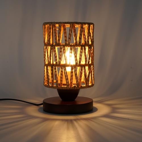 Handmade Rattan Lamp Farmhouse Table Lamp for Bedroom, Stepless Dimming Rustic Woven Lamps for Night Stands with Warm White LED Bulb, Boho-Inspired Boho Lamps for Living Room Kitchen Nook - color: Farmhouse - Dimmable