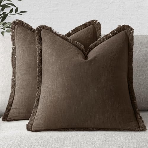 MIULEE Decorative Throw Pillow Covers Neutral Linen Fringe Throw Pillows Set of 2 Chocolate Brown Boho Farmhouse Cushion Covers with Tassels for Couch Sofa Bed Living Room Spring Decor 18x18 Inch - color: Chocolate Brown, size: 18" x 18" (Pack of 2)