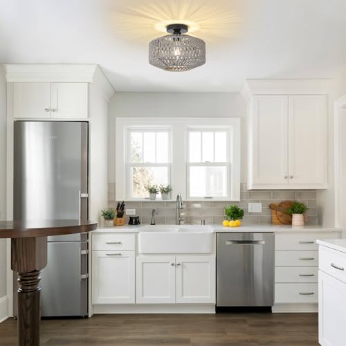 Boho Light Fixtures Ceiling Mount，Rattan Ceiling Light Fixture with Dimmable LED Bulb，Mini Hand Woven Chandelier Light Fixtures Ceilingfor Hallway Bedroom Kitchen Entryway Living Room（Grey） - color: Gray