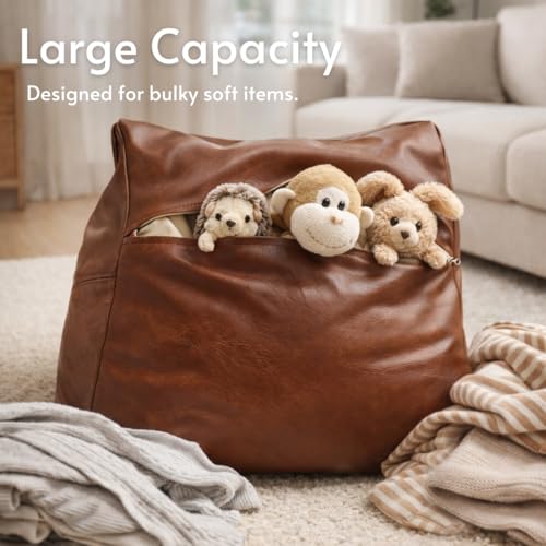 SOFTSOUL DIY Fillable Storage Ottoman – Stuff with Clothes, Blankets or Toys to Create Seat or Footstool, Space-Saving Faux Leather Square Pouf Organizer (Unfilled), 17.7”×17.7”×15.7”