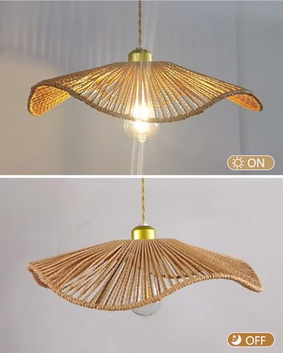 Woven Pendant Light, 15.7" Handmade Rattan Shade, Modern Boho Chandelier for Dining Room Wicher Hanging lamp Farmhouse Rattan Chandelier for Kitchen Island Living Room Bedroom - color: 15.74″-Fan-shaped