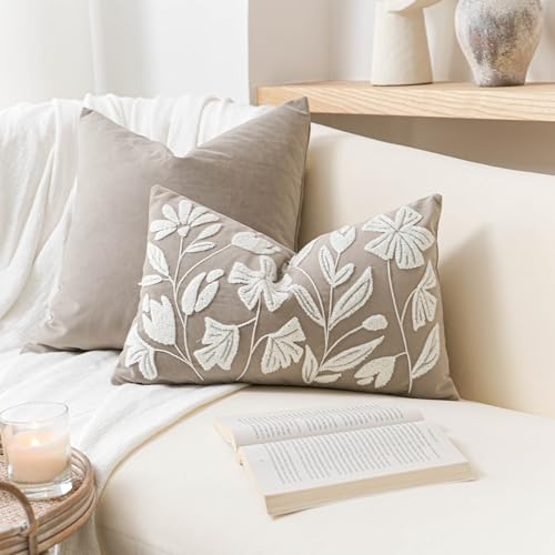 BlissBlush Decorative Lumbar Pillow Cover 12x20, Light Taupe Accent Velvet Throw Pillowcase for Couch Sofa Living Room, Floral Tufted Rectangular Cushion, Cover Only - color: Light Taupe, size: 20" x 12" (Pack of 1)