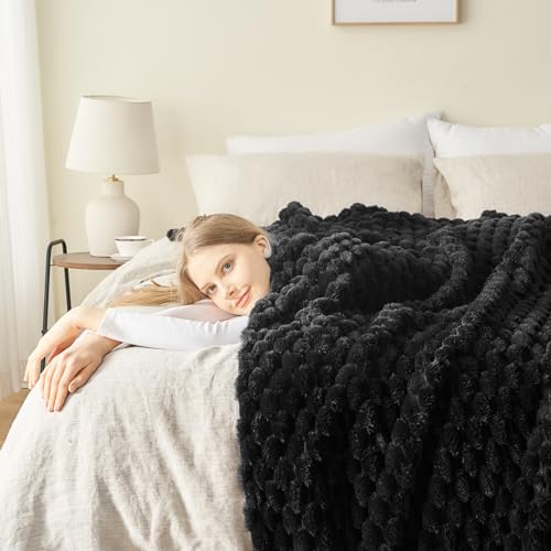 NEWCOSPLAY Super Soft Throw Blanket Black Premium Silky Flannel Fleece 3D Clouds Stylish Jacquard Lightweight Bed Blanket All Season Use 350GSM (Black, Throw(50"x60")) - color: Black, size: Throw(50"x60")