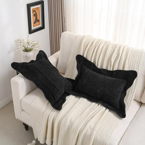 FUTEI Pack of 2 Solid Scalloped Bordered Throw Pillow Covers 12x20 Inch Soft Chenille Decorative Lumbar Pillow Cases Farmhouse Accent for Couch Bed Living Room, Black - color: Black, size: 20" x 12" (Pack of 2)
