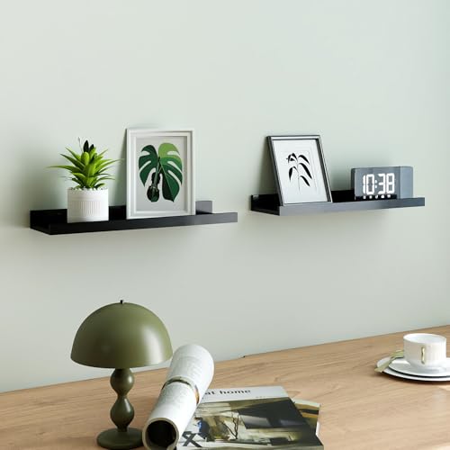 Black Floating Shelves for Wall Decor, Wall Mounted Wood Storage Shelf for Bedroom, Living Room, Bathroom, Kitchen, Nursery, Display Picture Ledge Shelf with Lip Set of 2-16 Inches, Black - color: Black, size: 15.8in