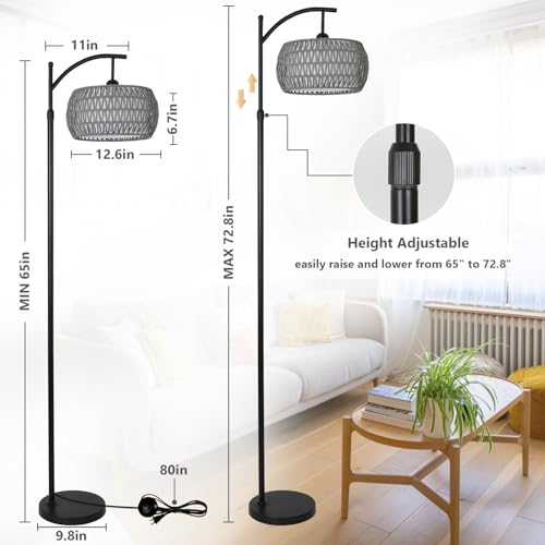 Arc Floor Lamp for Bedroom, Boho Standing Lamp with Remote & LED Smart Bulb, Rattan Floor Lamps for Living Room with 3 Color Temperatures, Height Adjustable Corner Tall Lamp, Stand up Light for Office - style: Bohemian-Grey