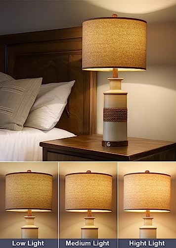 BOBOMOMO 24.5" Farmhouse Boho Table Lamps Set of 2, Hand-Woven Rattan Bedside Lamps with 3-Way Dimmable Touch Control & USB A+C Ports, Nightstand Lamp for Bedroom, Living Room, Corner (Bulbs Included) - size: 24.25"