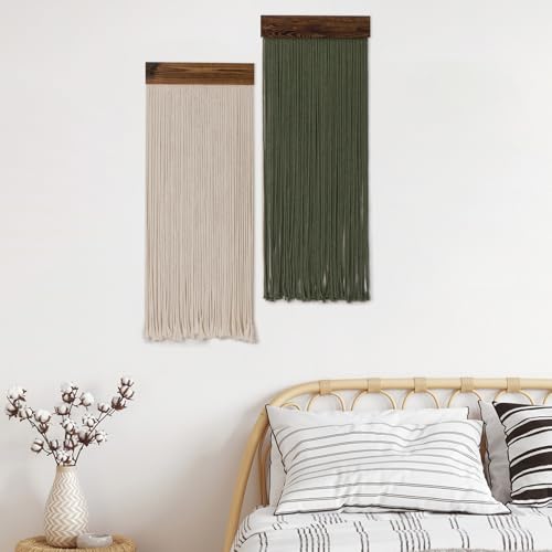 HVEST 2 Pcs Sage Green Wall Art Macrame Wall Hanging Boho Decor Green and Beige Handmade Woven Long Tapestry for Bedroom Living Room Nursery Home Apartment Headstock Wall Decor, 30.7L X 11.8 W inches - color: Green Beige