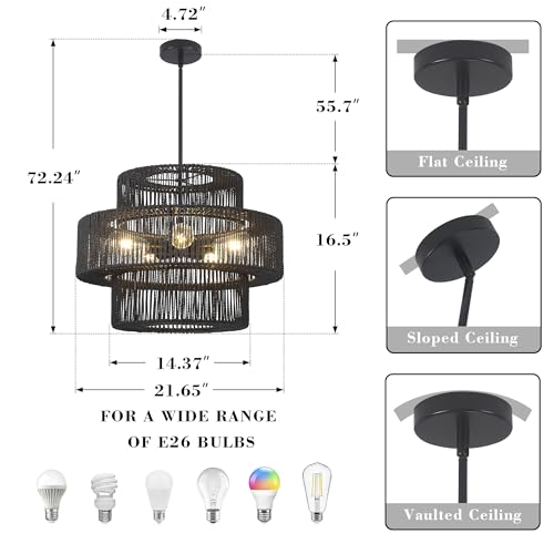 22" Black Boho Rattan Chandelier Light Fixture Hand Woven Farmhouse Pendant Lighting Rustic Boho Chandeliers for Dining Room Living Room Hallway Foyer 5 Lights - color: Black, size: 22 Inch