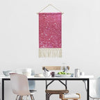 MUSM Boho Wall Hanging with Tassels - 10x19.6 Inch Cotton Linen Tapestry Art Print, Wood Frame & Hanging Rope, Sparkling Pink Glitter Poster for Living Room, Bedroom, Hallway Decor