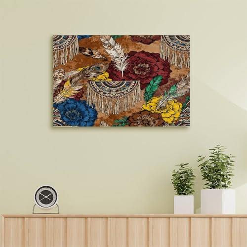 Boho Feather Fringe Art Wall Art Decor Framed 18x12 Inch, Wall Decor Poster for Bedroom Living Room Office Decor (Wooden Inner Frame) - size: 18"L x 12"W