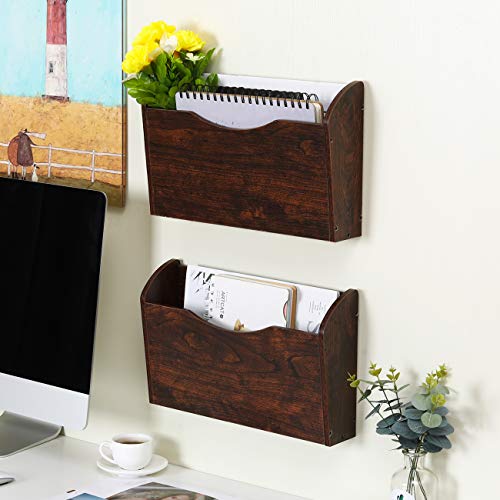 PAG Wall File Holder Wall Mounted Wood Hanging File Organizer for Office, 2 Pockets, Brown - color: Brown