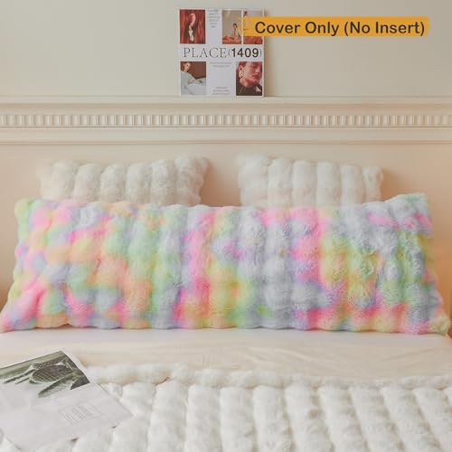 LIFEREVO Fluffy Faux Rabbit Fur Body Pillow Cover, Cozy Tie Dye Bubble Shaggy Plush Bed Body Pillowcase with Zipper Closure, Long 20"x54" Fuzzy Furry Pillow Case for Bedroom Home Decoration, Rainbow - color: Rainbow