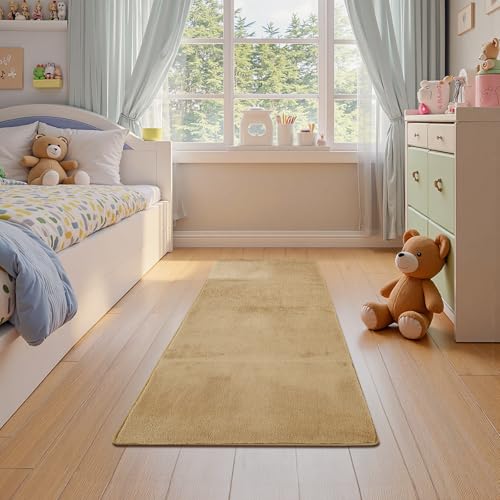 jinchan Solid Plush Runner Rug 2x5 Performance Shaggy Washable Hallway Rug Soft Modern Faux Wool Cozy Non Slip Carpet for Bedroom Laundry Room Living Room Kids Nursery Tan - color: Solid Tan, size: 2' x 5' (Runner)