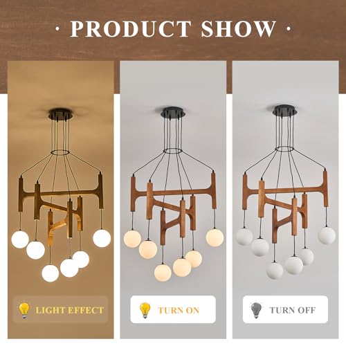 Farmhouse L28 '' Wooden Chandeliers with Milk Glass Globes Lampshades, Rustic Unique Mid Century Long 6-Light Pendant Chandelier for Living Dining Room Entryway Bedroom Kitchen,G9,Wood Stained Walnut - color: Walnut, size: L28 inches