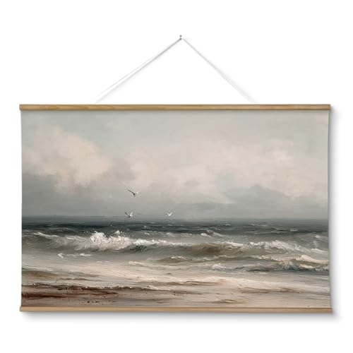 ARPEOTCY Extra Large Vintage Framed Wall Art, 36x54 Inch Coastal Ocean Gulls and the Sea Hanging Canvas Prints Scroll Wall Art Decor for Living Room Bedroom, Retro Scenery Pictures Above of Bed - color: Cloud Sky Ocean