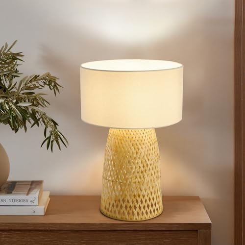 Boho Bamboo Table Lamp, Handwoven Bedside Lamp with Linen Shade, Small Natural Weave Nightstand Light for Living Room, Tea Room, Desk,White - color: White