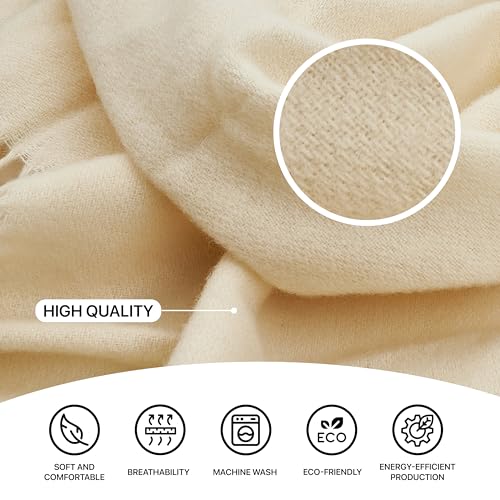| Wool Blanket/Throw | 100% New Zealand Wool | Perfect for Home and Outdoors | Virgin Wool Throw with Fringes 67"x79" (170 x 200 cm) - color: Creamy White, size: Queen