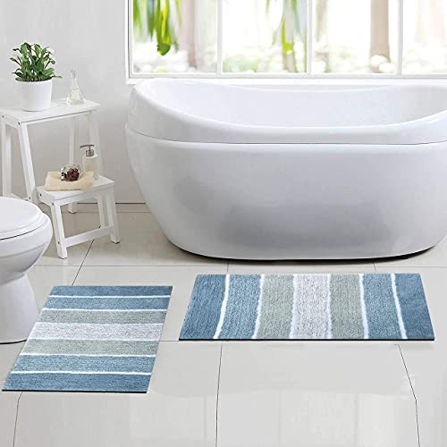 Chardin home Cordural Stripes Bath Mat, Set of 2 Bath Rugs (17 Inches x24 Inches & 21 Inches x34 Inches) | Non Slip Bathroom Rug, Machine Washable, Plush, Highly Absorbent | Ombre Blues & White - color: Blues