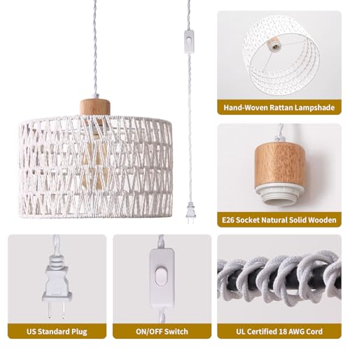 Plug in Pendant Light with Hand Woven Rattan Lampshade, Hanging Lamp with 15 FT Rope Cord On/Off Switch, Boho Pendant Light Fixture for Living Room Bedroom Kitchen Island Dinning Table - color: White