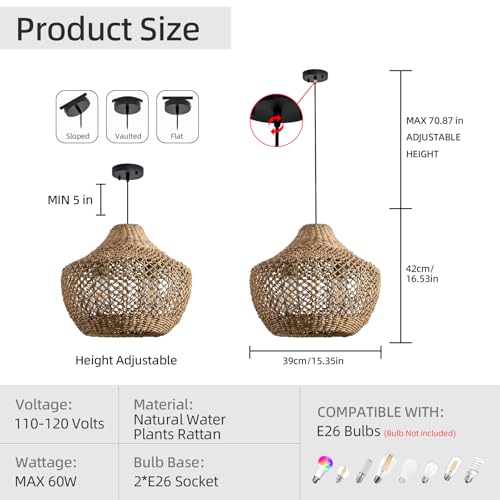 2-Light Rattan Pendant Light,15" Boho Basket Light Fixtures, Rattan Chandelier Hand-Woven Wicker Wicker Light fixtures Hanging for Dining Living Bedroom Kitchen Farmhouse - color: Brown rattan, size: 2-light 15in