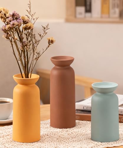 Modern Ceramic Vase for Home Decor Farmhouse Vases Set of 3 Terracotta Decorative Pottery Boho Grass Living Room Kitchen Bedroom - color: 12 Brown/Yellow/Green