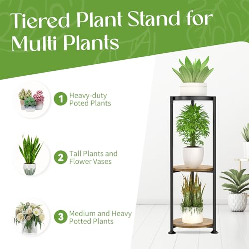 iDavosic.ly 3 Tier Corner Plant Stand Indoor, 34 Inch Tall Vertical Metal Flower Heavy Duty Pot Holder Shelf Outdoor for Patio Porch Living Room, Modern Black & Rustic Brown - Round - color: Matte Black, size: 3 Tiers