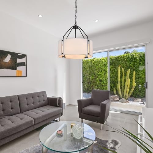 Drum Chandeliers, 18'' Drum Pendant Light Fixture with White Linen Fabric Shade, White Chandelier Adjustable Modern Farmhouse Hanging Lights for Dining Room Bedroom Kitchen Foyer Entryway - color: 18Inch White&Black