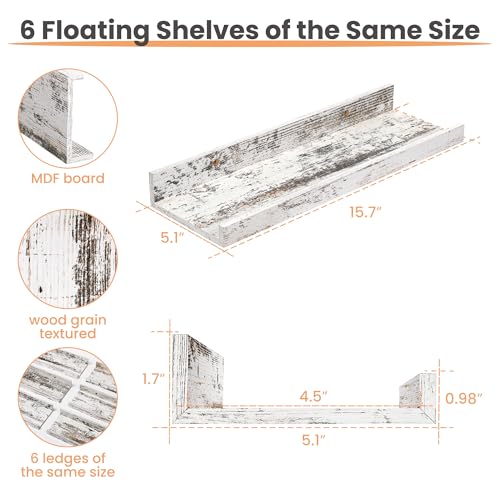 upsimples Floating Shelves for Wall, Wall Shelves for Decor Storage Set of 6, Wall Mounted Wood Shelf for Bedroom, Living Room, Bathroom, Kitchen, Picture Ledge Shelf, Rustic White - color: Rustic White, size: 15.7in