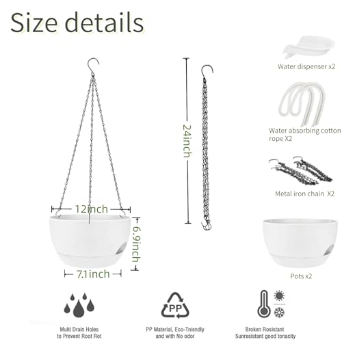 2 Pack Hanging Planters for Indoor Outdoor Plants, 12Inch Self Watering Hanging Pot with Drainage Holes and Saucer, Plastic Plant Pots, White Flower Pots for Kitchen, Balcony, Garden - color: White