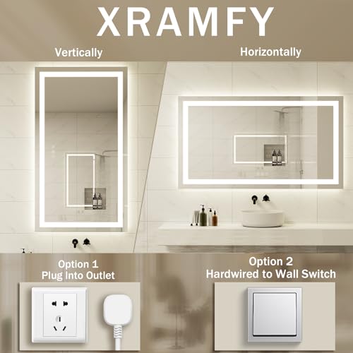 XRAMFY 55'' x 30'' LED Bathroom Mirror with Lights, Wall Mirror with Front and Backlight, 3 Colors Vanity Mirror with Lights, Anti-Fog Wall Mirror for Bathroom - size: 55"L x 30"W