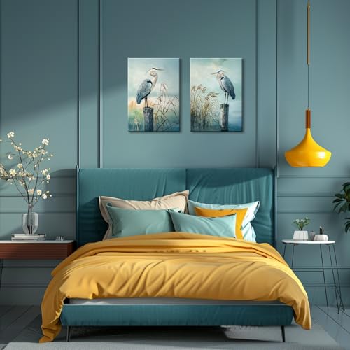 2 Piece Heron Canvas Wall Art Cyan Bird Picture Artwork Coastal Birds Print Painting Modern Birds Picture Poster Framed for Living Room Bedroom Barhroom Wall Decor - color: Cyan, size: 30"L x 20"W