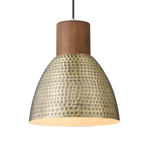 ELYONA Hammered Pendant Light Fixtures, 10.2" Vintage Metal Solid Wood Hanging Bar Lamp, Mid Century Antique Gold Pendant Lights for Kitchen Island, Farmhouse, Dining Room, Brushed Brass - color: Brass - 1 Pack