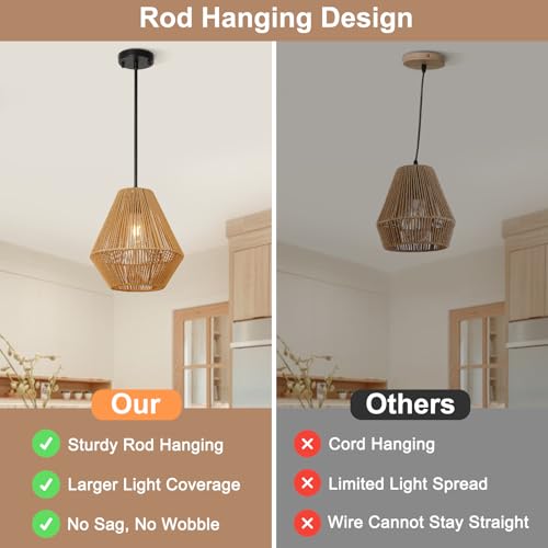 LynPon 12“ Boho Rattan Pendant Light with Rod Hanging, Black Boho Light Fixture with Hanging Lamp Shade, Farmhouse Coastal Wicker Pendant Light for Kitchen Dining Room Bedroom Hallway Foyer Bathroom - color: 12" Black and Natural