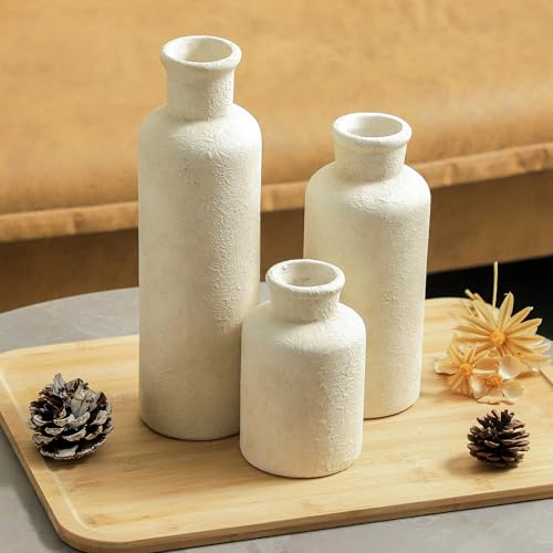 Ceramic Vases Set of 3, Whitewashed Neutral Flower Vases Home Decor, Pottery Rustic Farmhouse Decorative Vases Modern Decor for Table Mantel Entryway Bookshelf Living Room Kitchen Bedroom - color: 007 Rustic - White