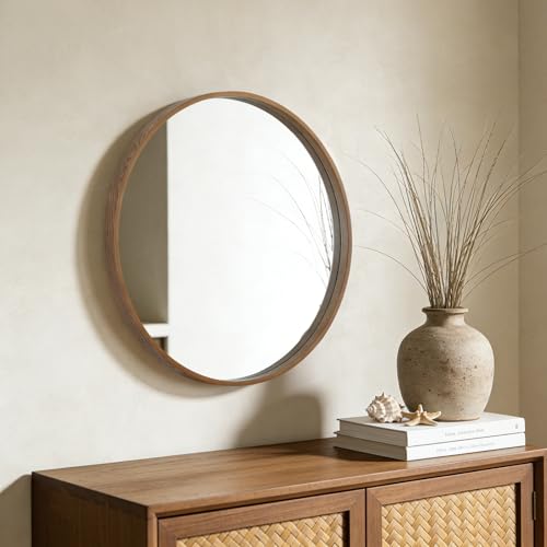 WallBeyond Wood Round Mirror with Wood Frame 24 inch Circle Wall Mirror for Bathroom Round Wall Mirror for Wall Decor, Vanity, Entryway Living Room (Walnut) - color: Walnut, size: 24"L x 24"W