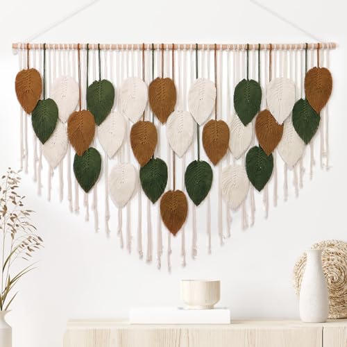 KHOYIME Large Macrame Wall Hanging Boho Woven Tapestry, Chic Home Decor Modern Bohemian Handmade Leaf Feather Wall Art Decorations for Apartment Living Room Bedroom Nursery Backdrop 51.5" W X 33.5" L - color: 51.5"W x 33.5"L