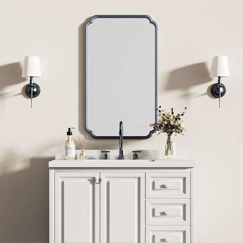 Ferytange 26"x40" Rustproof Bathroom Mirror Black, Round Corner Metal Frame Wall Mirror, Horizontal/Vertical Hanging Over Sink, Bedroom Bathroom Decor - color: Black, size: 40"L x 26"W