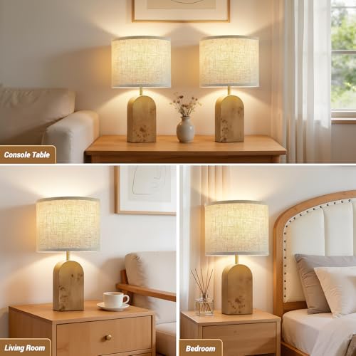 Table Lamps Set of 2 - 19" Wood Farmhouse Bedside Lamp with Adjustable Color Temperatures - Modern Rustic Linen Lampshade Nightstand Lamps for Bedroom Living Room Office, Bulbs Included, Natural - color: Natural