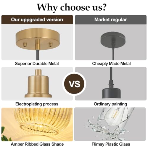 2 Pack Amber Cylinder Pendant Lights Kitchen Island with Ribbed Lampshade, Brushed Gold Hanging Light Fixture, Adjustable Pendant Lighting for Kitchen Island Sink Dining Room (Bulbs Not Included) - color: 2 Pack Brushed Gold + Amber Glass
