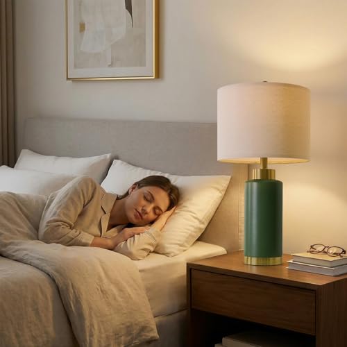 USumkky 25" Green Ceramic Table Lamp Set of 2, Modern Mid-Century Bedside Nightstand Lamps for Bedroom Living Room, Linen Shade & Gold Metal Base, Rotary Switch E26 (Bulbs Excluded) - color: 25" Green-2 Pack