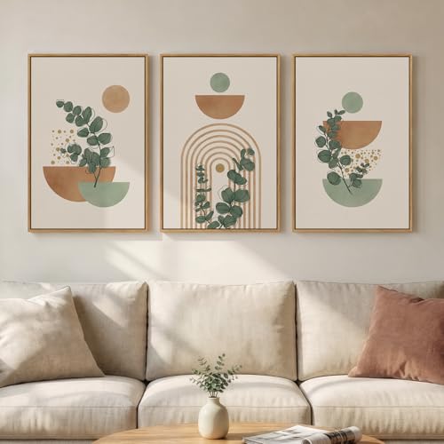 Framed Abstract Boho Wall Art for Living Room, Large Botanical Sage Green Plant Canvas Artwork for Walls, Minimalist Neutral Geometric Line Prints Paintings for Bedroom Hallway 16x24 Inch - color: Orange and Green, size: 24" H x 16" W x 3Pcs